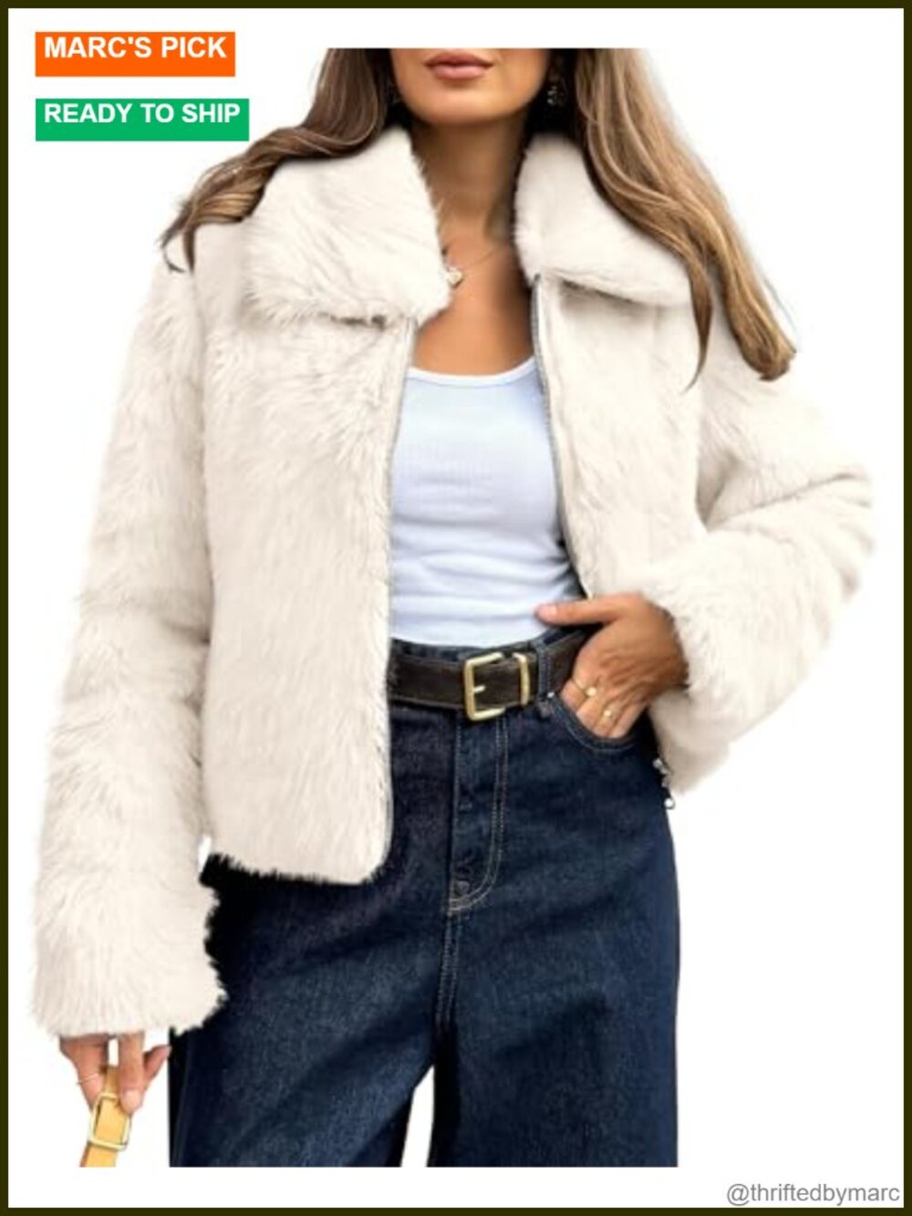 Women Faux Fur Coat Zip Up Cropped Winter Jacket Fluffy Shaggy